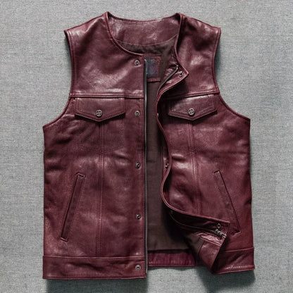 Men's washed vintage leather motorcycle vest