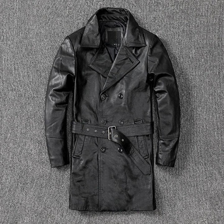 Men mid length leather trench coat jacket