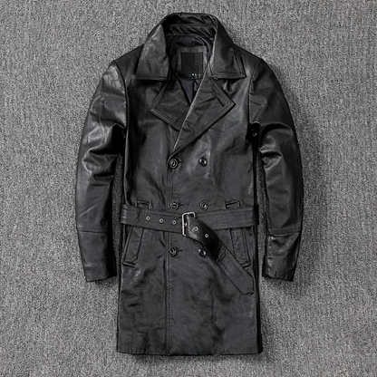 Men mid length leather trench coat jacket