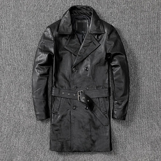 Men mid length leather trench coat jacket