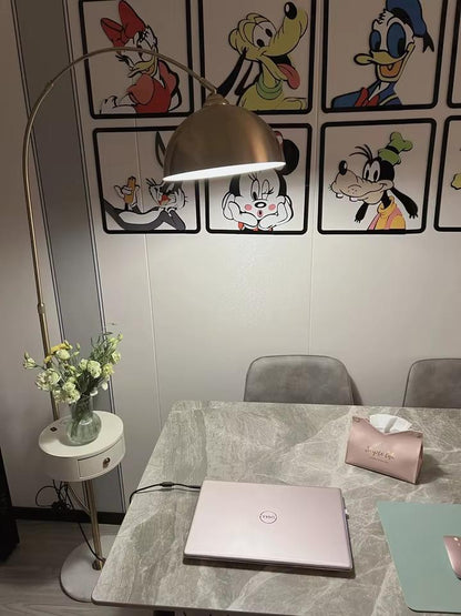 Modern arc floor lamp with wireless charging and drawer