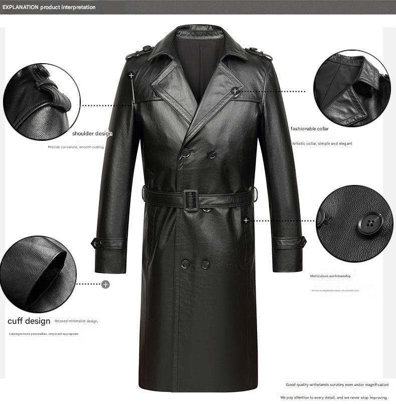 Men long cowhide leather trench coat