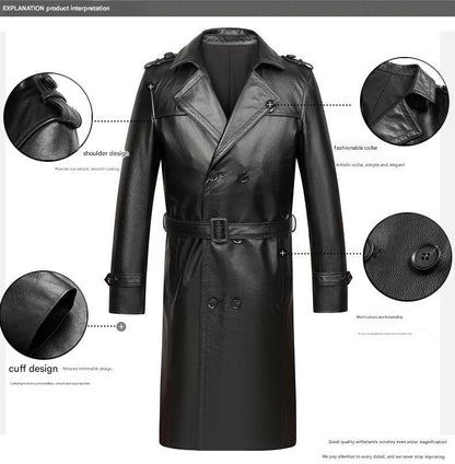 Men long cowhide leather trench coat