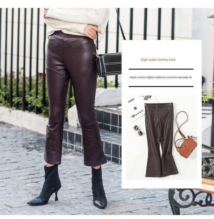 Women High Waisted Cropped Flare Leather Pants