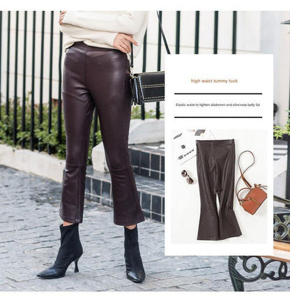 Women High Waisted Cropped Flare Leather Pants