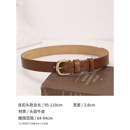 Women’s Brown Leather Belt with Top-Grain Cowhide Brass Buckle
