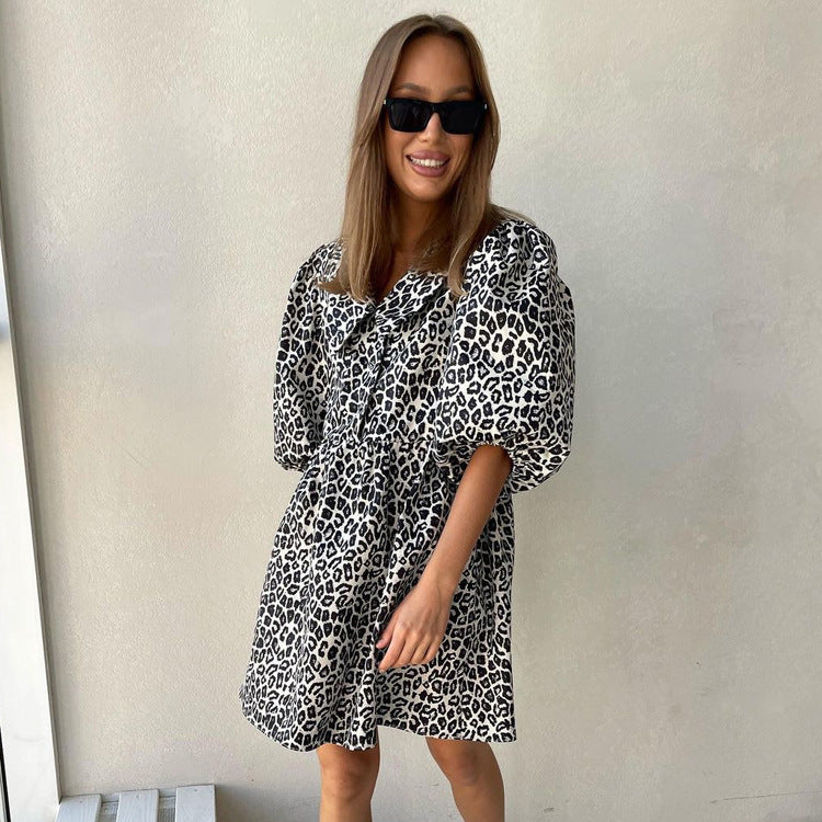 Leopard print puff sleeve a line dress