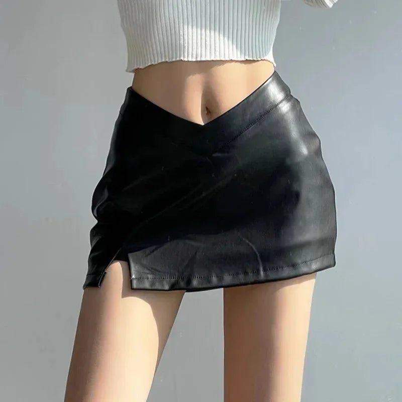 Above Knee Causal PU Leather Short Skirts Black Mini