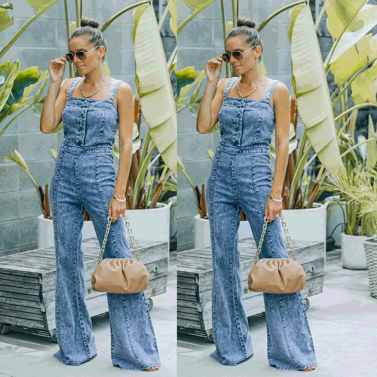 Acid Wash Flared Denim Jumpsuit for Women Button Front