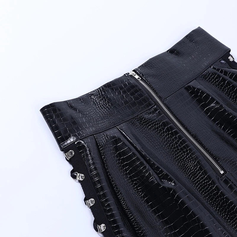 Women's black leather mini skirt with adjustable lacing