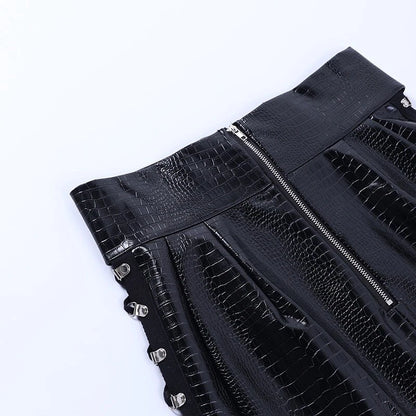 Women's black leather mini skirt with adjustable lacing