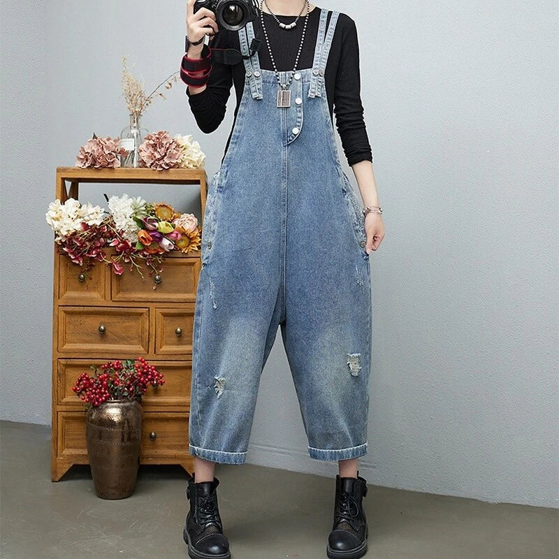 Distressed denim overalls women loose fit adjustable