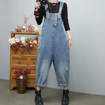 Distressed denim overalls women loose fit adjustable
