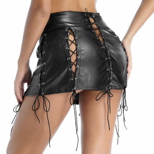 Black faux leather mini skirt with lace-up details