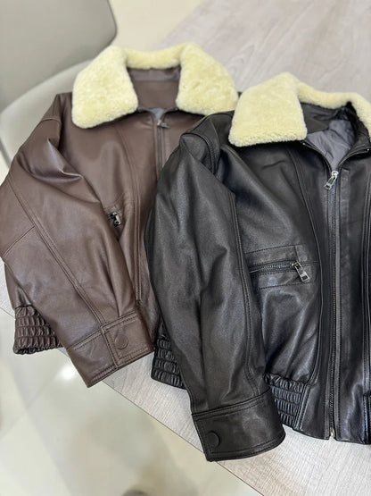 Women sheepskin leather bomber with wool collar
