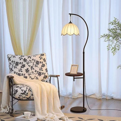 Vintage arc floor lamp with storage shelf
