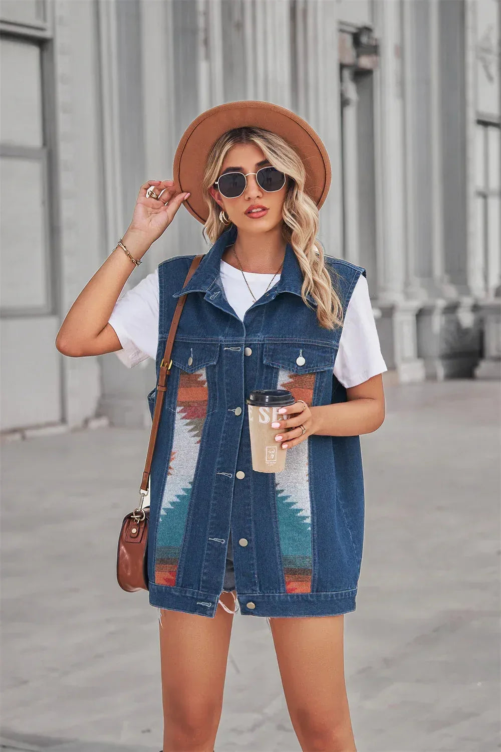 Aztec Pattern Blue Denim Vest Women’s Loose Fit With Collar