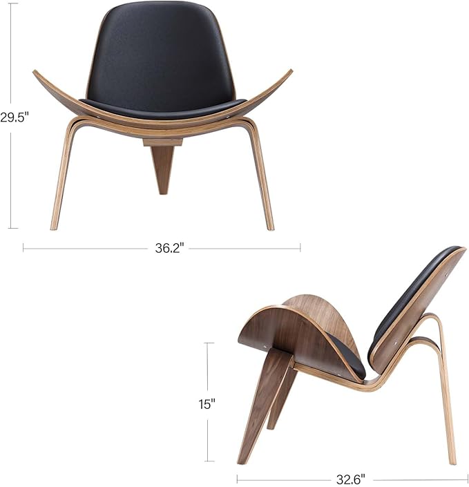 Mid century solid wood leather shell lounge chair