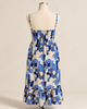 Blue and white spaghetti strap dress with adjustable straps, a square neckline, and a fitted upper shape.