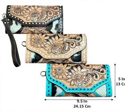 Women western tooled leather wristlet clutch