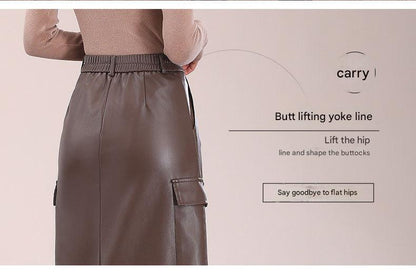 Flap Pocket Split Thigh Imitation Leather Skirt