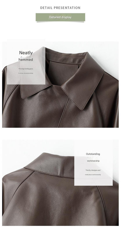 Women genuine leather long trench coat