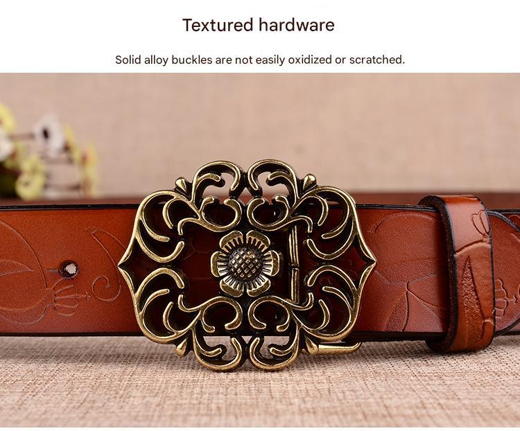 women’s genuine leather carved floral belt