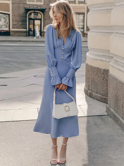 Baby Blue V Neck Long Sleeve Midi Dress 1 S