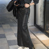  Womens leather skirts long with smooth black shine, low waist and leather maxi skirt.