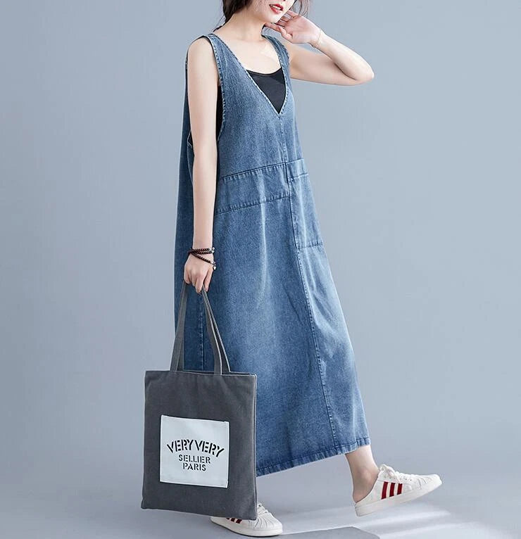 Baggy denim overall dress for women