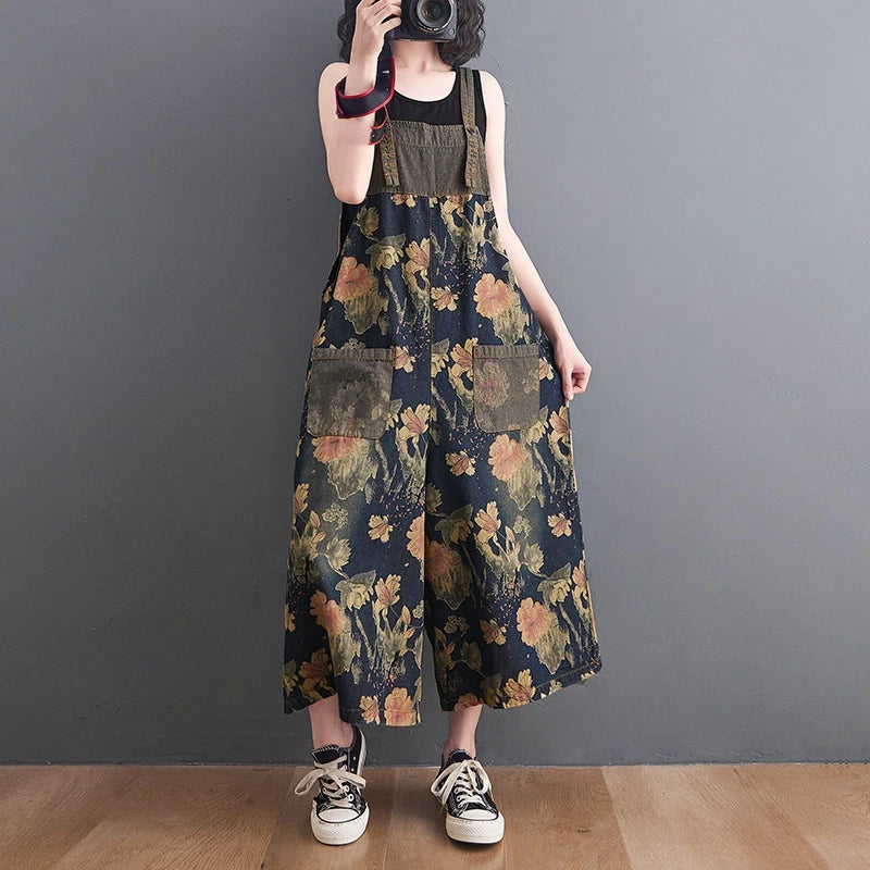 Floral denim overalls for women wide leg suspender pants