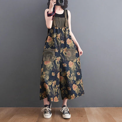 Floral denim overalls for women wide leg suspender pants
