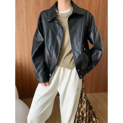Baggy leather jacket for women with black oversized fit
