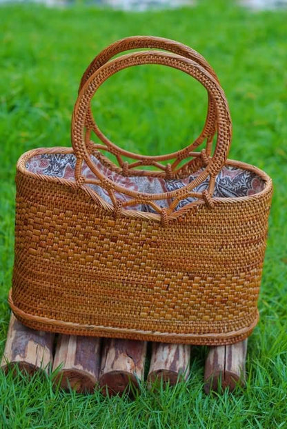 Bali Rattan Shoulder Bag With Braided Handles and Lining