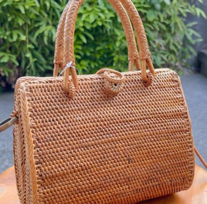Handwoven Rattan Handbag with Top Handles