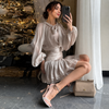 Shimmer bow blouse with high-waist ruched mini skirt set