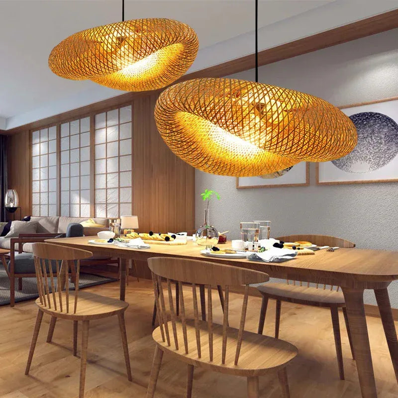Bamboo Pendant Modern Rattan Chandelier Woven Oval