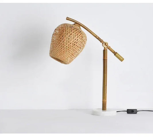 Bamboo Rattan Nordic Table Lamp with woven basket shade and curved bamboo-style arm.