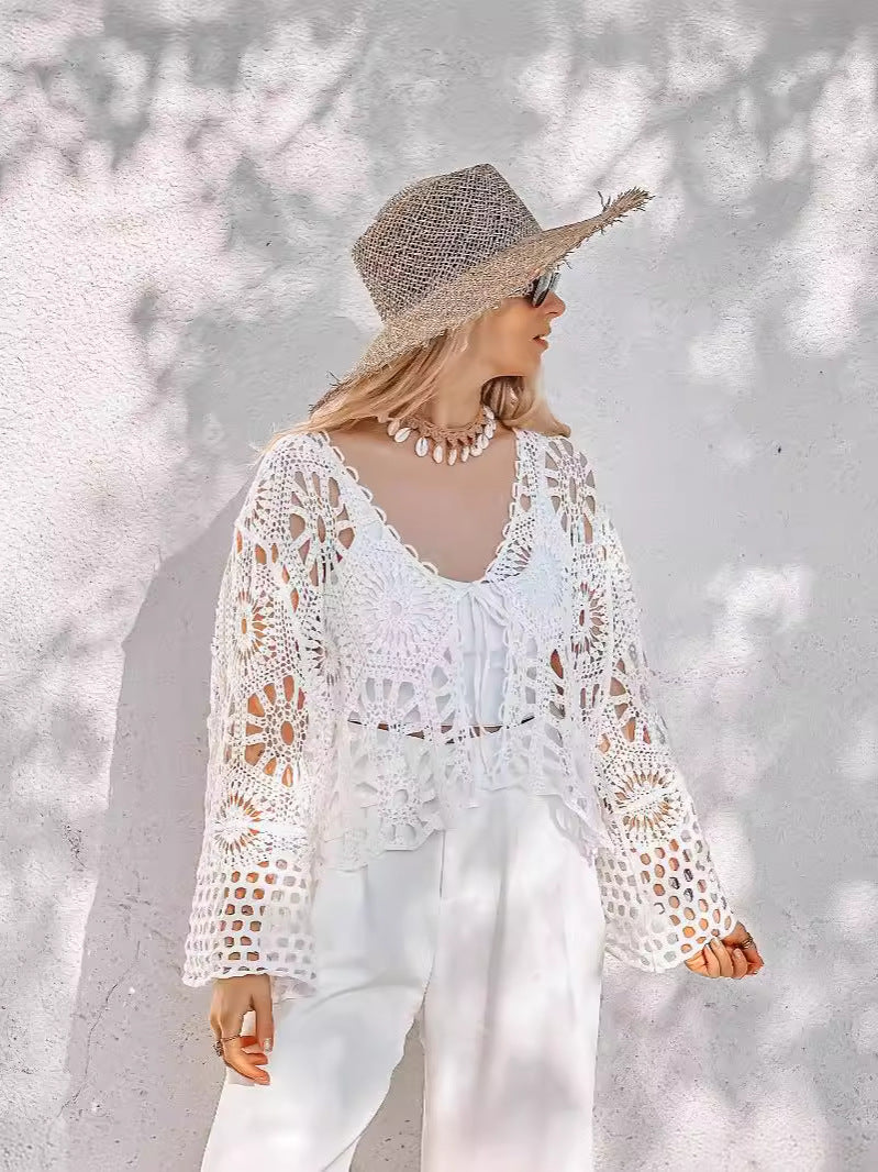 Beach Crochet Lace Cardigan Cover Up Top Long Sleeve