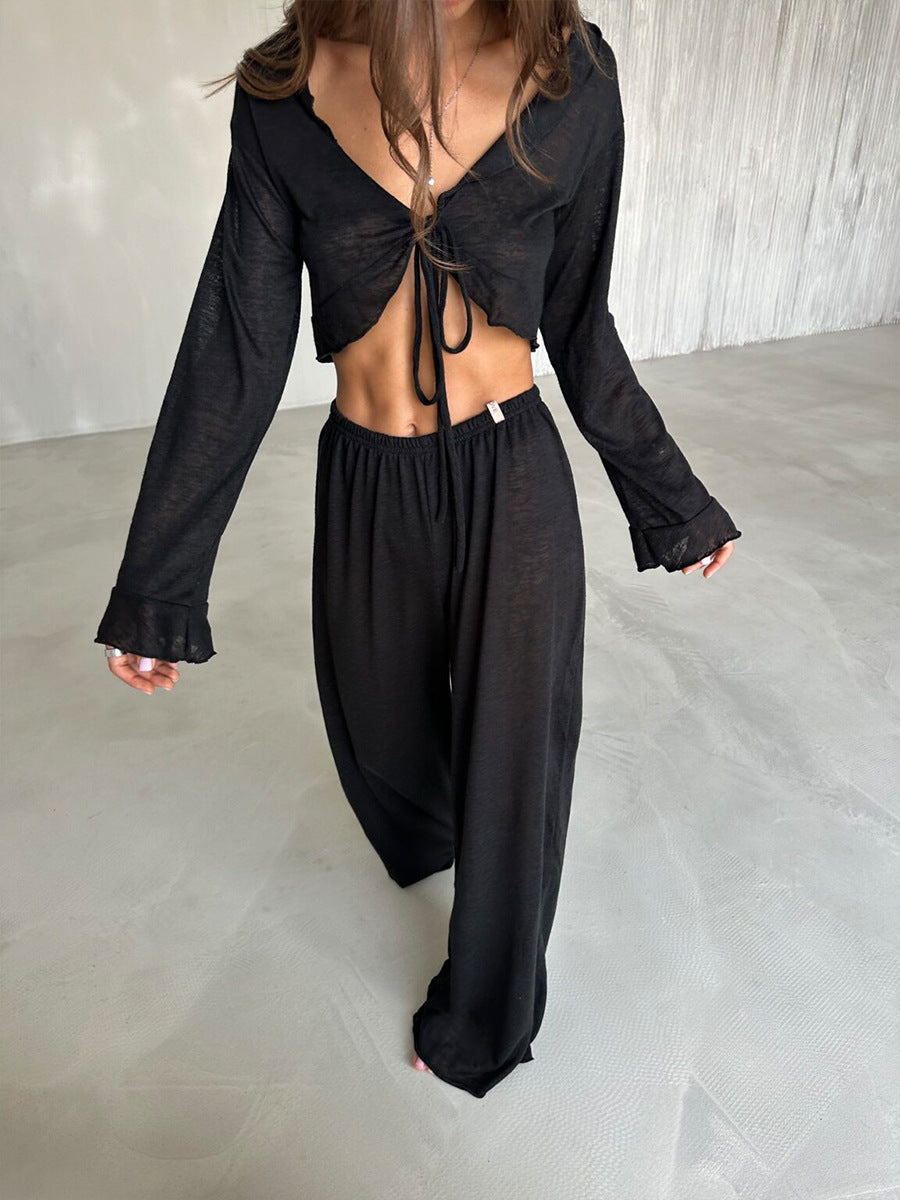 White black beach lounge set wide leg pants