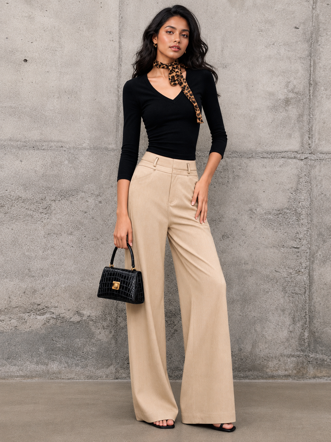 Beige flare pants with high waist fit and wide leg drape for office wear.