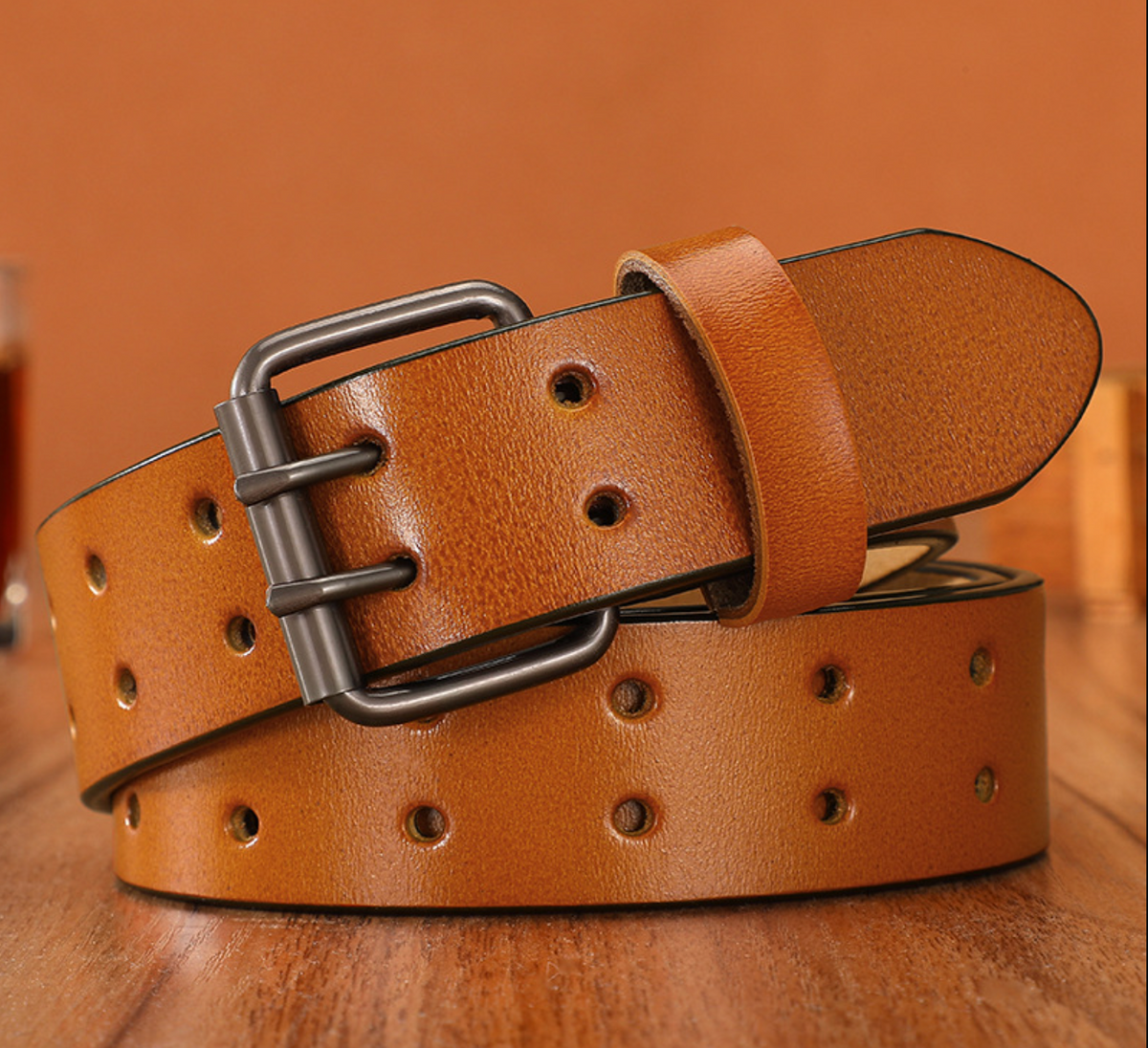 Belt man double needle brown leather belt with double-row holes