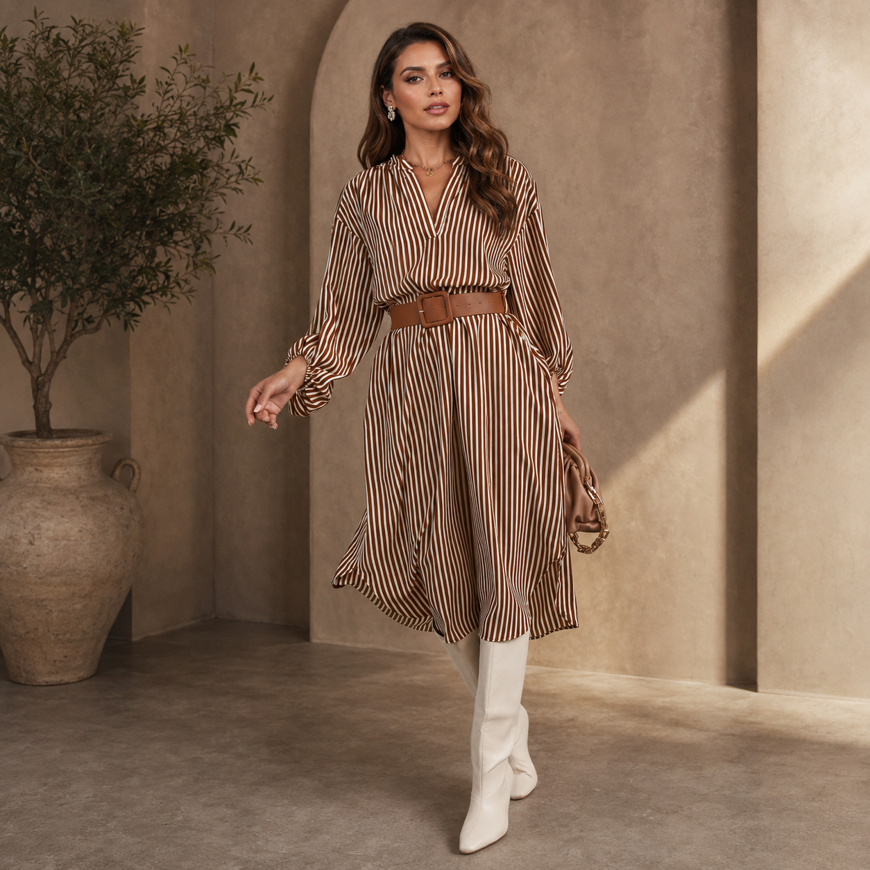V-neck striped dress with loose belted shirt shape