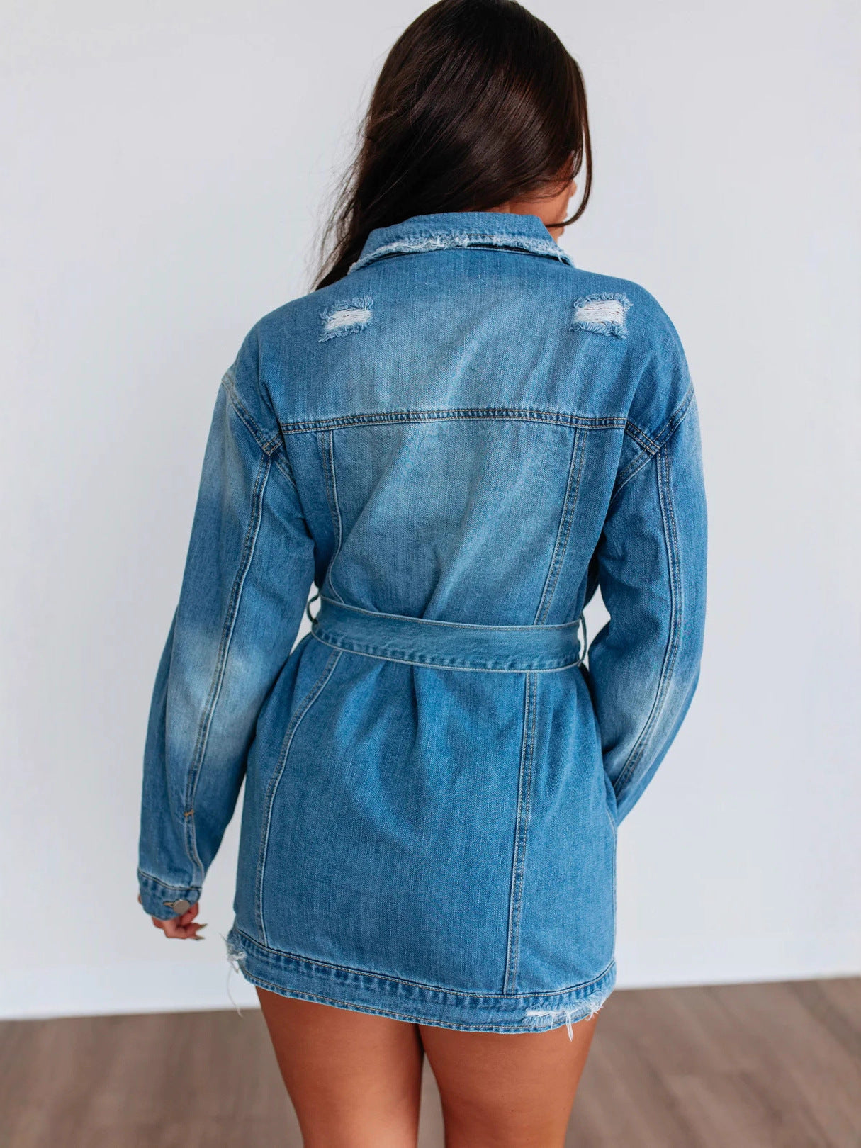 Belted distressed denim jacket dress