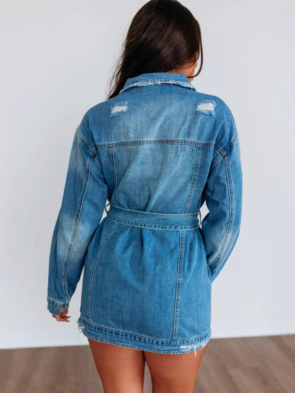 Belted distressed denim jacket dress