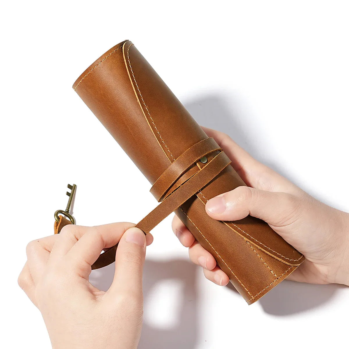 Leather fountain pen and pencil roll case