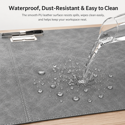 big desk pad with stitched edge detail and foldable device holder