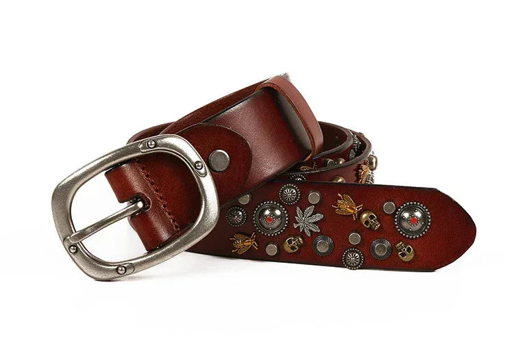 Studded Leather Belt with Skull and Bee Rivets