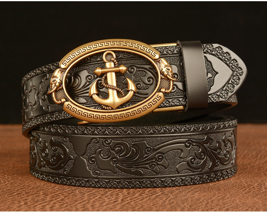 Men Cowhide Anchor Buckle Leather Belt