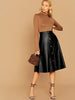 A-Line Knee Length Leather Skirt Black Button Front